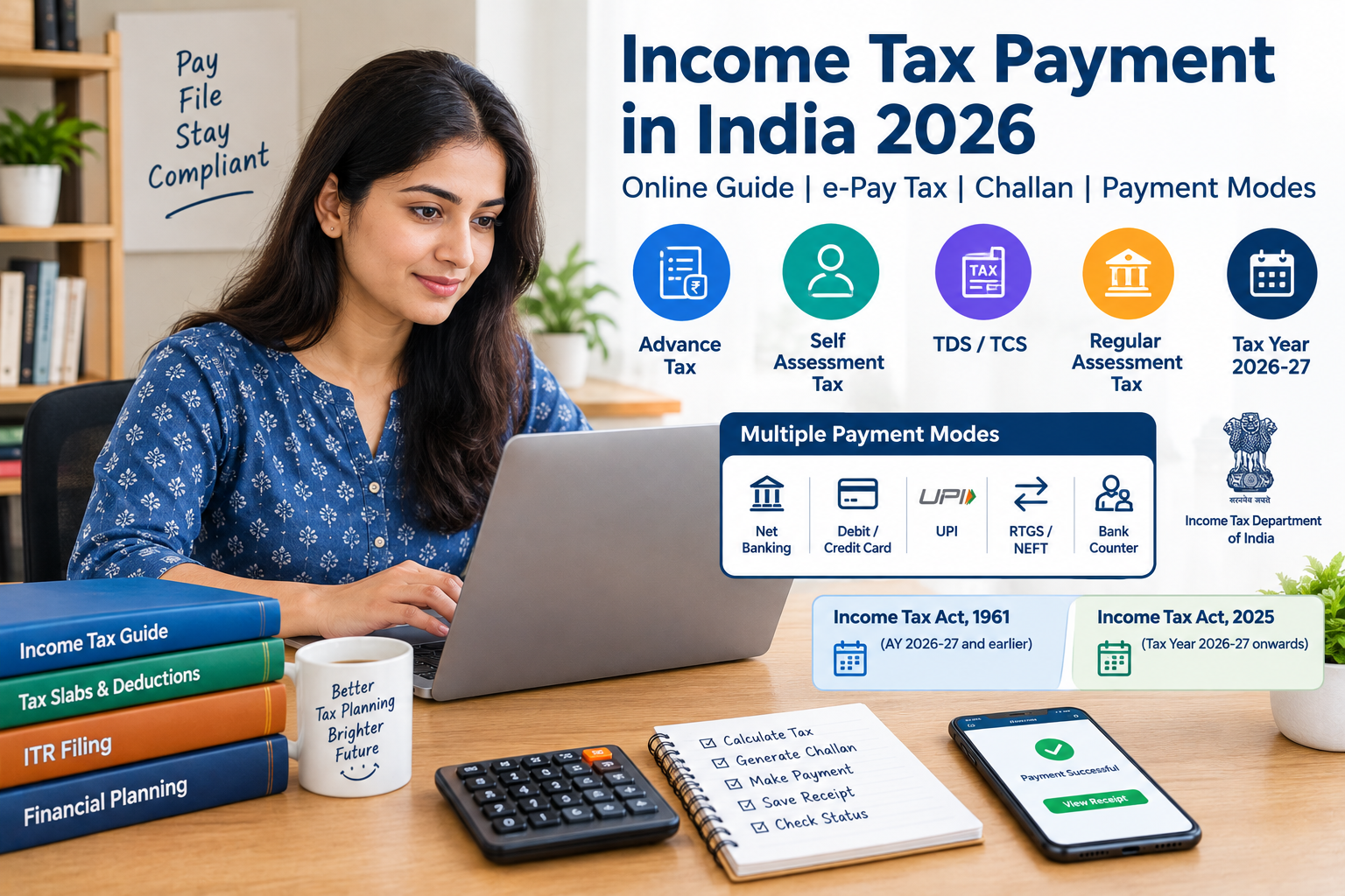 Income tax payment in India 2026 showing an Indian taxpayer using a laptop for online e-Pay Tax, challan generation, advance tax, self-assessment tax, TDS/TCS, UPI, net banking, debit card, RTGS/NEFT, and tax payment options.